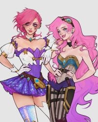 06svi 2d 2d_(artwork) 2girls blush clothed clothes_swap costume_swap costume_switch dress female female_only highres league_of_legends light-skinned_female long_hair looking_at_viewer looking_away medium_breasts multiple_girls outfit_swap pink_hair red_hair riot_games seraphine_(league_of_legends) short_hair thick_thighs vi