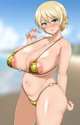 1girls big_breasts bikini blonde_hair blue_eyes breasts busty curvaceous curvy curvy_body curvy_female curvy_figure darjeeling female girls_und_panzer huge_breasts large_areolae large_breasts leopard_print leopard_print_bikini lollipop micro_bikini micro_bikini_bottom nail_polish necklace poofy_nipples saliva_string tavor_(m_tavor) voluptuous