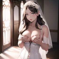 1girls ai_generated ai_mirror blush bride brown_hair corset_dress door earrings flower_crown grey_eyes hands_covering_breasts long_hair looking_at_viewer ring thick_lips uncovered_breast veil wedding_band wedding_dress white_skin window wooden_floor