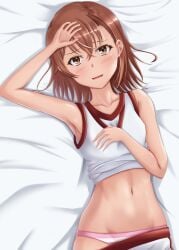 1girls 2020 2020s absurd_res armpits bare_shoulders bed_sheet blush brown_eyes brown_hair clothes_lift clothes_pull collarbone female gym_uniform hand_on_forehead hand_on_own_chest hi_res looking_at_viewer lying matching_hair/eyes midriff misaka_mikoto navel on_back open_mouth panties pink_panties s-lit_(rito) shirt_lift short_hair shorts shorts_pull solo stomach striped striped_panties teenage_girl teenager to_aru_kagaku_no_railgun to_aru_majutsu_no_index tokiwadai_school_gym_uniform underwear upper_body wavy_mouth young