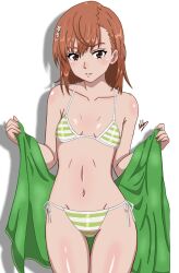 1girls 2020s 2023 bare_hips bare_shoulders bikini blush breasts brown_eyes brown_hair collarbone female flower hair_flower hair_ornament hi_res looking_at_viewer matching_hair/eyes misaka_mikoto nashdnash2007 navel short_hair signature small_breasts solo standing stomach string_bikini striped striped_bikini swimsuit teenage_girl teenager thighs to_aru_kagaku_no_railgun to_aru_majutsu_no_index white_background young