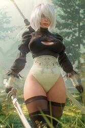 1girls 2xp_studios 3d blue_eyes female_only light-skinned_female nier:_automata pizz3d puzz3d short_hair solo solo_female sword thighhighs white_hair yorha_2b