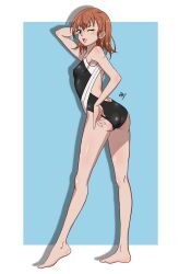 1girls 2020s 2023 arm_behind_head ass bare_back bare_legs bare_shoulders barefoot blush breasts brown_eyes brown_hair female from_side full_body hi_res looking_at_viewer matching_hair/eyes misaka_mikoto nashdnash2007 one-piece_swimsuit one_eye_closed open_mouth school_swimsuit short_hair sideboob signature small_breasts smile solo standing swimsuit teenage_girl teenager to_aru_kagaku_no_railgun to_aru_majutsu_no_index tokiwadai_school_swimsuit wink young