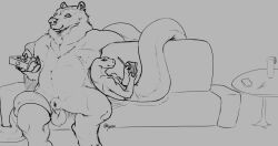 animal_genitalia anthro apode balls bear biped brown_bear chubby_anthro chubby_belly chubby_male controller cuddling draconcopode drawing duo fur furniture genitals grizzly_bear hair hi_res kuruk_(character) kyain kyain_(character) legless lounging male mammal mane mane_hair naga nude overweight overweight_anthro overweight_male remote_control reptile scalie serpentine sheath sitting slightly_chubby snake sofa table ursine