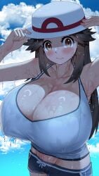 1girls aged_up alternate_breast_size big_breasts breasts brown_eyes brown_hair cleavage female game_freak hat huge_breasts leaf_(pokemon) light_skin long_hair massive_breasts nintendo pokemon pokemon_frlg pokemon_rgby sumisumii tagme