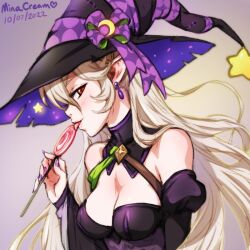 1girls alternate_costume artist_name bare_shoulders breasts candy cleavage corrin_(female)_(fire_emblem) corrin_(female)_(halloween)_(fire_emblem) corrin_(fire_emblem) corrin_(fire_emblem)_(female) crescent crescent_hat_ornament dated earrings eating english_commentary female female_only fire_emblem fire_emblem_fates fire_emblem_heroes food halloween halloween_costume hat hat_ornament hat_ribbon holding holding_candy holding_food holding_lollipop licking lollipop long_hair looking_at_viewer medium_breasts minacream nintendo official_alternate_costume pointy_ears purple_nails purple_ribbon red_eyes ribbon seductive solo star_(symbol) star_hat_ornament tongue tongue_out upper_body white_hair witch witch_hat