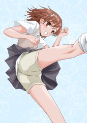 1girls 2020s 2023 ass bare_legs blush brown_eyes brown_hair female flower hair_flower hair_ornament kneehighs looking_at_viewer loose_socks matching_hair/eyes miniskirt misaka_mikoto mutsuki_kurumi school_uniform schoolgirl short_hair shorts shorts_under_skirt simple_background skirt smile socks solo teeth to_aru_kagaku_no_railgun to_aru_majutsu_no_index tokiwadai_school_uniform upskirt white_socks