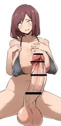 1futa balls big_balls big_breasts bikini_top bottomless breasts brown_hair censor_bar censored clothed clothing erection futa_only futanari huge_cock human light-skinned_futanari light_skin mostly_nude orange_blood123 penis precum short_hair smooth_balls solo tearing_up tears