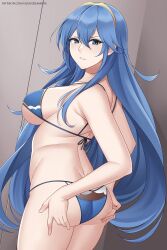 1girls alternate_version_available aslindsamure ass big_ass blue_eyes blue_hair blue_panties breasts butt_crack female female_only fire_emblem fire_emblem_awakening large_breasts lingerie looking_at_viewer looking_back lucina_(fire_emblem) nintendo panties patreon_username seductive solo underwear