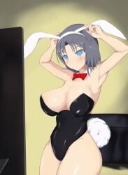 1girls armpits arms_up ashino blue_eyes bowtie bunny_ears bunny_tail bunnysuit female grey_hair highleg large_breasts light-skinned_female light_skin medium_hair mirror senran_kagura simple_background solo standing thick_thighs yumi_(senran_kagura)