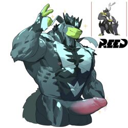 1boy anthro bara barazoku bodily_fluids boner completely_nude_male dripping erection game_freak generation_8_pokemon genital_fluids genitals hi_res leaking_precum legendary_pokemon male male_only muscular muscular_male nintendo nude nude_male penis pokemon pokemon_(species) precum precum_drip reed_sp_626 simple_background solo solo_male sparkles standing urshifu