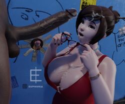 3d asian asian_female big_breasts big_penis blender blender_(software) blender_cycles cum cum_drip cum_in_mouth cum_on_body cum_on_breasts cum_on_face cumshot dark-skinned_male dark_skin dick dress dressed glasses glory_hole graffiti hi_res high_heels high_resolution interracial large_breasts looking_at_another looking_at_partner looking_pleasured looking_up mei_(overwatch) open_mouth overwatch partial_male penis penis_out penis_size_difference red_dress shorts small_penis small_penis_humiliation smiling thats_euphoria undressed white_body white_skin