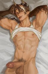 1boy abs aixiwuganda_(20222192) arknights bara bare_pectorals black_hair bottomless brown_hair chong_yue_(arknights) clothes_lift cowboy_shot dragon_boy dragon_horns erection foreshortening from_above head_tilt highres horns long_hair looking_at_viewer lying male_focus male_only male_pubic_hair mature_male multicolored_hair muscular muscular_male navel navel_hair nipples on_back on_bed pectorals pointy_ears pubic_hair red_eyes shirt_lift solo sparse_navel_hair stomach streaked_hair thick_eyebrows uncensored