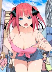 blue_eyes breasts go-toubun_no_hanayome gossip kosmos_beta looking_at_viewer nakano_nino open_mouth pants red_hair underwear