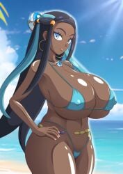 1girls alternate_body_type alternate_breast_size beach bikini black_hair blue_bikini blue_eyes breasts brown_skin dark-skinned_female dark_skin female game_freak hips huge_breasts long_hair nessa_(pokemon) nintendo outdoors pokemon pokemon_(game) pokemon_ss s.forest thick_thighs thighs wide_hips