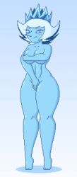 1girls blue_body blue_eyes cici-bee-inc covered_nipples covering_crotch embarrassed female_only hourglass_figure medium_breasts naked nude pixel_art short_hair solo solo_female thick_thighs white_hair wide_hips