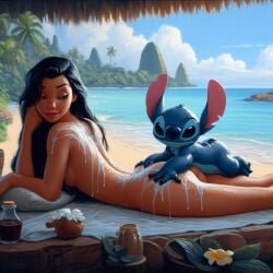 1girls 2d ai_generated alien applying_sunscreen artist_request ass dark-skinned_female disney female female_only laying_down lilo_and_stitch looking_back nani_pelekai nude nude_female oiled_body stitch thick thick_ass thick_thighs