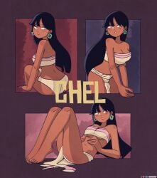 black_hair chel chel_(the_road_to_el_dorado) dark-skinned_female dark_skin earrings feet keetydraws loincloth midriff underboob yellow_eyes