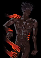 1boy 2022 abs balls black_background blue_eyes disembodied_hand disembodied_hands foreskin gay heuwell_cheese jujutsu_kaisen male male_focus male_only male_pubic_hair muscular muscular_male nipples nude partially_retracted_foreskin pectorals penis pubic_hair satoru_gojo solo solo_focus testicles toned toned_male uncircumcised