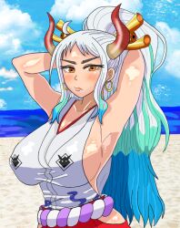 armpit armpit_crease armpit_peek armpits arms_behind_back arms_up beach belt blue_hair blush eddarxart female female_only green_hair hair_ornament hand_in_own_hair horns kimono large_breasts looking_at_viewer multicolored_hair obi one_piece orange_eyes ponytail red_horns red_pants showing_armpits showing_off sideboob sidelocks sleeveless sleeveless_shirt thick_eyebrows white_hair white_kimono white_shirt yamato_(one_piece)