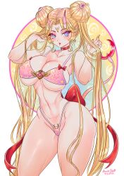 1girls alternate_species amandadarko ass big_ass bishoujo_senshi_sailor_moon blonde_hair bow bra breasts choker female female_only large_breasts long_hair looking_at_viewer makeup nipples oni oni_horns pale_skin panties rear_view simple_background solo thick_thighs usagi_tsukino wide_hips