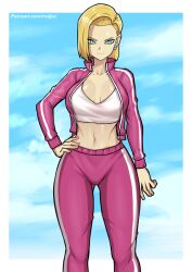 android_18 bellybutton breasts dragon_ball female jacket midriff navel open_clothes open_jacket redjet track_jacket track_pants track_suit