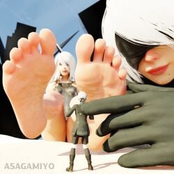 1boy 2girls 3d asagamiyo blindfold breasts clothed clothing feet female giantess light-skinned_female light-skinned_male light_skin macro male micro nier nier:_automata short_hair size_difference white_hair yorha_2b yorha_9s yorha_a2