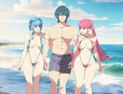 1boy 2girls abs beach blue_hair blue_one-piece_swimsuit blue_slingshot_swimsuit blue_swimsuit breasts byleth_(fire_emblem) byleth_(fire_emblem)_(male) byleth_(male)_(fire_emblem) cleavage commission double_arm_hug female fire_emblem fire_emblem:_three_houses highres hilda_valentine_goneril male male_swimwear marianne_von_edmund multiple_girls muscular muscular_male nintendo one-piece_swimsuit pink_hair pink_one-piece_swimsuit pink_slingshot_swimsuit pink_swimsuit pixiv_commission r3dfive slingshot_swimsuit smile swim_trunks swimsuit twintails