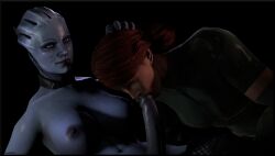 1futa 1girls 3d artist_request asari asari_futanari big_breasts big_cock bioware clothed_female collar fellatio female futa_on_female futanari hand_on_head liara_t'soni mass_effect meryl_silverburgh metal_gear metal_gear_solid nude_futanari red_hair