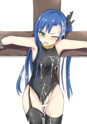 ;d after_sex blue_hair crucifixion cum cum_on_clothes cum_on_hair garter_straps green_eyes long_hair mos1613 one_eye_closed