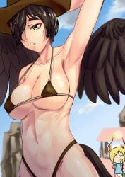 2d 2girls abs acc beach belly_button bikini black_hair blonde_hair breasts cowboy_hat dragon_tail female hips horns horse_tail ice_cream kicchou_yachie legs multiple_girls outdoors saki_kurokoma short_hair source thighs touhou tummy wings yellow_eyes