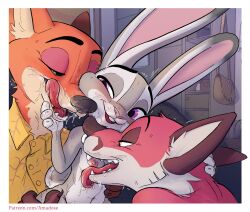 amadose anthro bag bisexual bodily_fluids breast_lick breast_play breasts canid canine clothed clothing cum cum_in_mouth cum_inside cum_on_face detailed_background disney dripping embrace facial_piercing fangs female fox genital_fluids green_eyes grey_body group group_sex hi_res hug inside judy_hopps lagomorph leporid licking licking_lips male male/female male/male mammal nick_wilde nipples nose_piercing nose_ring open_mouth orange_body orange_eyes owen_(amadose) partially_clothed piercing purple_eyes rabbit red_body ring_piercing saliva saliva_drip scratches sex shirt teeth text threesome tongue tongue_out topwear trio url zootopia