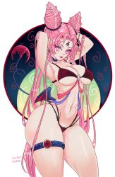 1girls amandadarko ass big_ass bishoujo_senshi_sailor_moon black_lady black_moon bra breasts chibi_usa choker dark_persona demon_wings female female_only huge_breasts large_breasts long_hair looking_at_viewer looking_pleasured low-angle_view makeup nipples oni oni_horns pale-skinned_female pale_skin panties partially_clothed pink_hair pose posing rear_view shaved_pussy showing_off simple_background solo thick thick_thighs villainess wide_hips