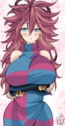 1girls 2023 2d 2d_artwork android android_21 android_21_(good) android_21_(human) arc_system_works arms_under_breasts artist_signature bandai_namco bare_shoulders big_breasts blue_eyes blush bracelet brown_hair dragon_ball dragon_ball_fighterz earrings elbow_gloves fanart gold_jewelry hair_between_eyes hand_under_breasts hips huge_breasts jewelry large_breasts light-skinned_female light_skin long_hair looking_at_viewer multicolored_clothing omochi_db turtleneck voluptuous voluptuous_female vomi_(dragon_ball)