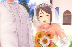 1boy 1girls 3d bouquet groom happy koikatsu male_out_of_frame original picture sfw unseen_male_face wedding_dress wholesome