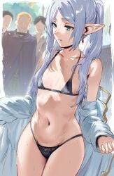 1girls 2d 2d_(artwork) 4boys audience bikini black_bikini blush blushing breasts closed_mouth collarbone commentary drop_earrings earrings elf elf_ears elf_female elf_girl exhibitionism faceless faceless_male female female_focus flat_chest flat_chested frieren green_eyes grey_hair hews hews_hack highres jewelry light-skinned_female micro_bikini multiple_boys navel outdoors panties parted_bangs partially_clothed pointy_ears public_indecency removing_jacket small_breasts solo_focus sousou_no_frieren standing stomach sweat swimsuit thick_eyebrows thick_thighs thighs twintails