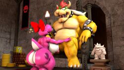 1boy 1girls 3d 3d_(artwork) anthro areola ass big_breasts birdo birdo_(character) bow_accessory bowser breasts castle claws clitoris cobaltapple collar detailed_background digital_media_(artwork) duo feet female genitals hi_res humanoid indoors inside kneeling kneeling_oral_position koopa male mammal mario_(series) muscular nintendo nipples nude part_of_a_set pink_body pussy reptile scalie sfm siphon_(anatomy) spikes super_mario_bros. tail thick_thighs toe_claws