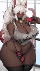 anthro bell black_panties black_sclera black_thighhighs blush brown_fur child_bearing_hips coco_(bakeneko) curvy gloves huge_breasts original red_eyes suurin_(ksyaro) sweat thick_thighs thighs very_long_hair white_hair white_topwear wide_hips