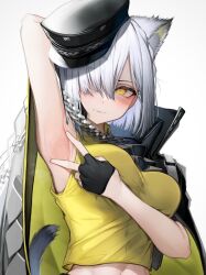 1girls 2023 animal_ear_fluff animal_ears arknights arm_up armpits blush cat_ears cat_tail catgirl delphine_(arknights) fingerless_gloves gloves hat hi_res kemonomimi light-skinned_female light_skin solo tab_head tail upper_body v white_hair yellow_eyes