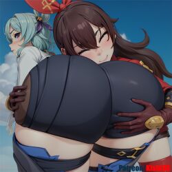 3girls ai_generated amber_(genshin_impact) ass ass_grab ass_worship blue_hair breasts brown_eyes brown_hair clothed dat_ass eula_(genshin_impact) female female_face_near_ass genshin_impact head_on_ass huge_ass kishi light_skin long_hair naked smile suggestive thick_thighs yuri