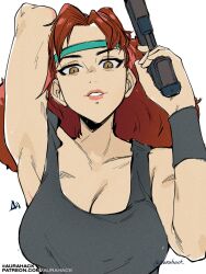 arm_up aurahack breasts brown_hair cleavage gun headband large_breasts meryl_silverburgh metal_gear metal_gear_solid mullet pistol policenauts source_request tank_top