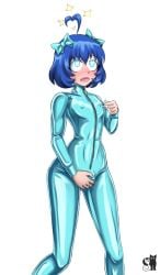 ahe_gao blue_bodysuit blush brainwashed brainwashing bulge crossdressing drooling eyes_rolled femboy fondling_bulge fondling_self front_zipper girly heart-shaped_pupils iruma_suzuki irumi_(mairimashita!_iruma-kun) latex latex_suit mairimashita!_iruma-kun male male_focus male_only masturbation mind_control nipples nipples_visible_through_clothing pinching_nipples ribbons rosvo zipper