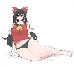 1girls 2d bare_legs bare_shoulders barefoot belly_button black_eyes black_hair blush_lines breasts detached_sleeves female hairbow hips long_hair lying_on_side mata_(matasoup) mole no_pants panties reimu_hakurei source sweat_drop thick_hips thick_thighs thighs touhou