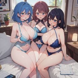 3girls ai_generated angry angry_face bangs bare_shoulders barely_clothed bed bedroom big_breasts black_hair blue_bra blue_eyes blue_hair blue_lingerie blue_panties blushed book bra breasts brown_hair chocker cleavage collar collarbone cyan_bra cyan_panties huge_breasts huge_breasts indoors lamp large_breasts leaf lingerie looking_at_camera looking_at_viewer multiple_girls navel on_bed open_mouth panties plant pot sisters sitting thighs underwear underwear_only visible_panties window