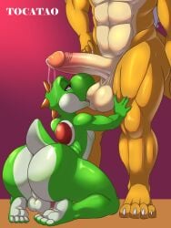 2boys absurd_res anthro ass balls big_ball big_butt bodily_fluids bowser duo gay genital_fluids genital_size_difference genitals green_yoshi hi_res humanoid_genitalia humanoid_penis kneeling kneeling_oral_position koopa licking male male/male male_on_bottom male_on_top male_only mario_(series) nintendo nipples nude on_bottom on_top oral penis protagonistsub_antagonistdom scalie seductive sex simple_background tocatao tongue tongue_out yoshi