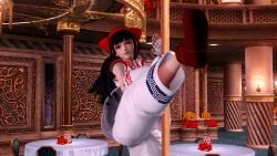 1girls 3d ainu_clothes black_hair breasts fingerless_gloves grey_eyes hair_ribbon hi_res king_of_fighters king_of_fighters_xiv leg_lift leg_up legs long_hair nakoruru pants parted_lips pole pole_dancing samurai_shodown small_breasts smile thighs