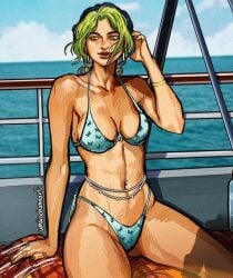 1girls 2d 2d_(artwork) ass_visible_through_thighs bikini boat female female_only green_eyes green_hair high-angle_view jewelry jojo's_bizarre_adventure jolyne_kujo light-skinned_female looking_away medium_breasts partially_clothed sitting stone_ocean tagme thick thick_thighs umikochannart