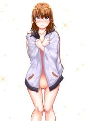 1girls 2020 2020s after_fight ass_visible_through_thighs bare_legs bare_thighs blush brown_eyes brown_hair collarbone completely_nude completely_nude_female female fukuguri_yuuto gluteal_fold happy happy_tears jacket jacket_only looking_at_viewer matching_hair/eyes misaka_mikoto naked_jacket navel nude nude_female open_clothes open_jacket pussy short_hair smile solo standing star_(symbol) tears teenage_girl teenager to_aru_kagaku_no_railgun to_aru_majutsu_no_index torn_clothes white_background young