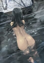 ass ass_focus black_hair facing_away female long_hair matsumoto_noriyuki onsen original partially_submerged snow steam tree winter