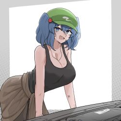 1girls 2d big_breasts blue_eyes blue_hair breasts dirt engine female hat leaning leaning_forward mata_(matasoup) necklace nitori_kawashiro open_mouth pants short_hair smile source standing sweat tank_top tied_hair tied_shirt touhou